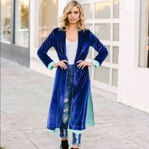 Military Hippie Blue Velvet Duster Cardigan